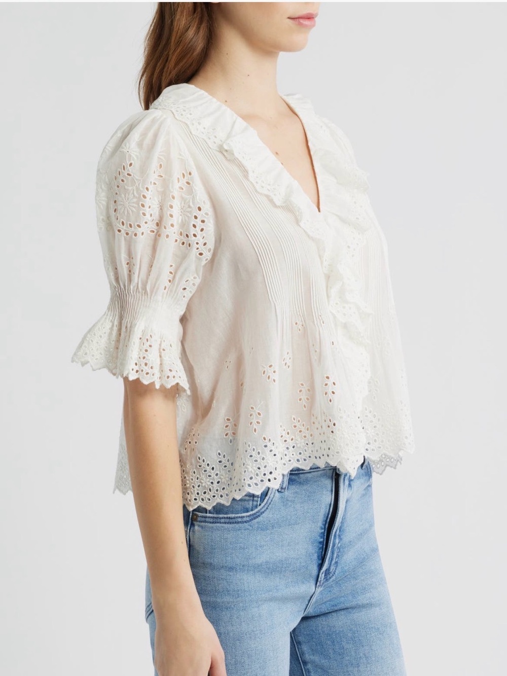 Doen Henri salt White Eyelet Ruffled V-Neck Cotton Blouse shirt voile top M - Picture 5 of 6
